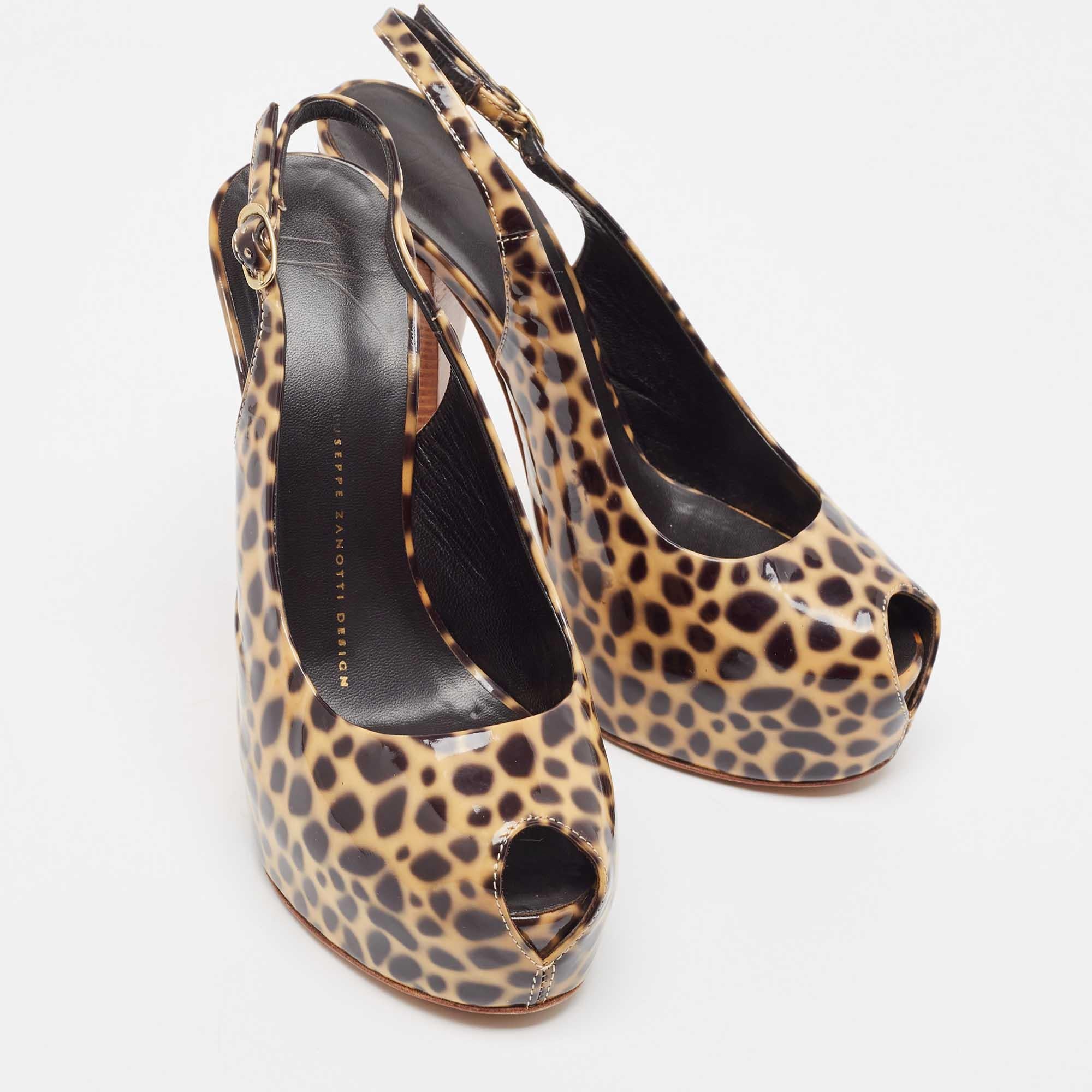 Women's Giuseppe Zanotti Brown/Black Patent Leopard Print Slingback Pumps Size 37 For Sale