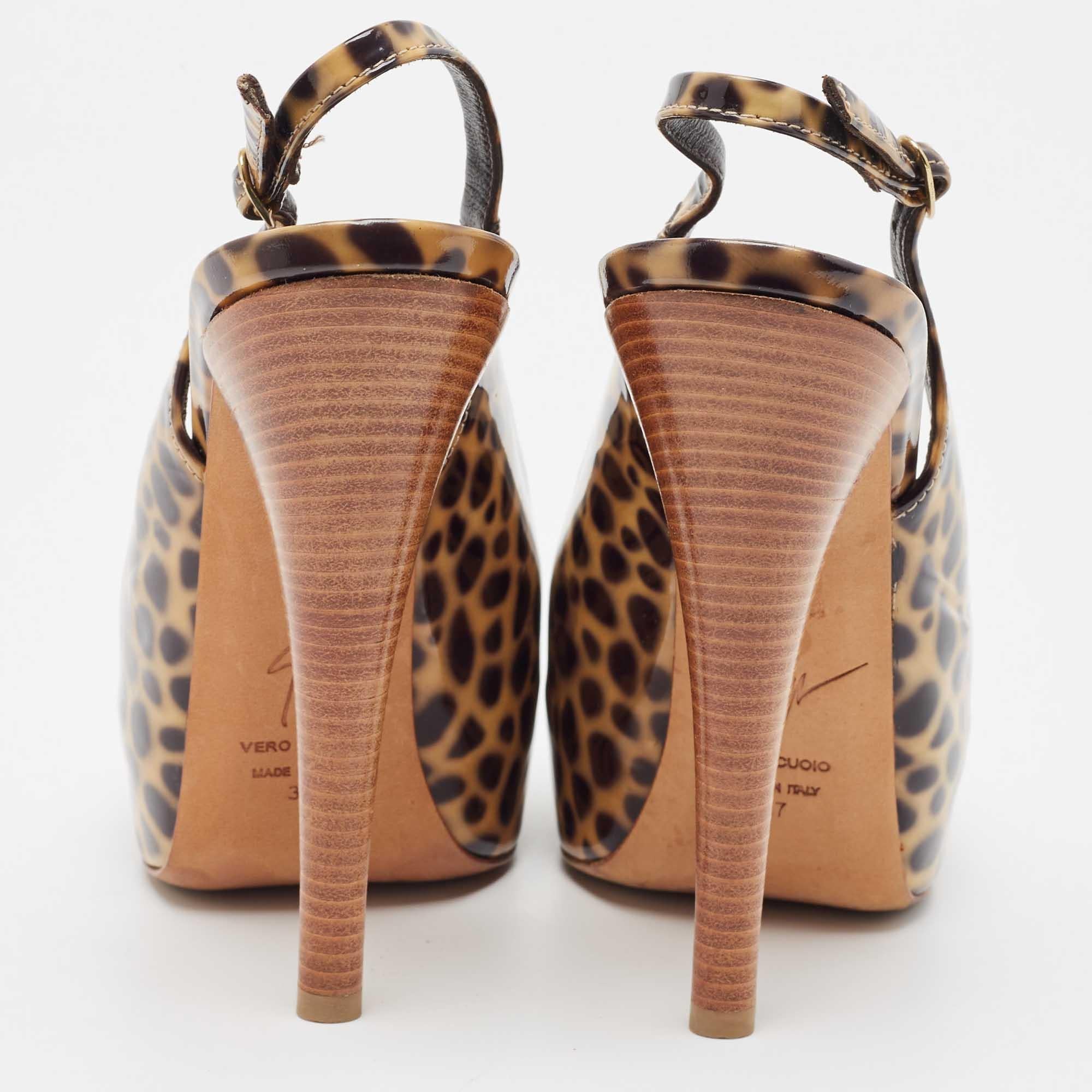 Giuseppe Zanotti Brown/Black Patent Leopard Print Slingback Pumps Size 37 For Sale 1