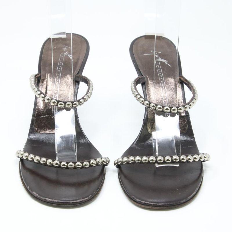 Giuseppe Zanotti Brown Classic Studded Leather Strappy Mule Heels 36.5 Sandals In Good Condition For Sale In Downey, CA