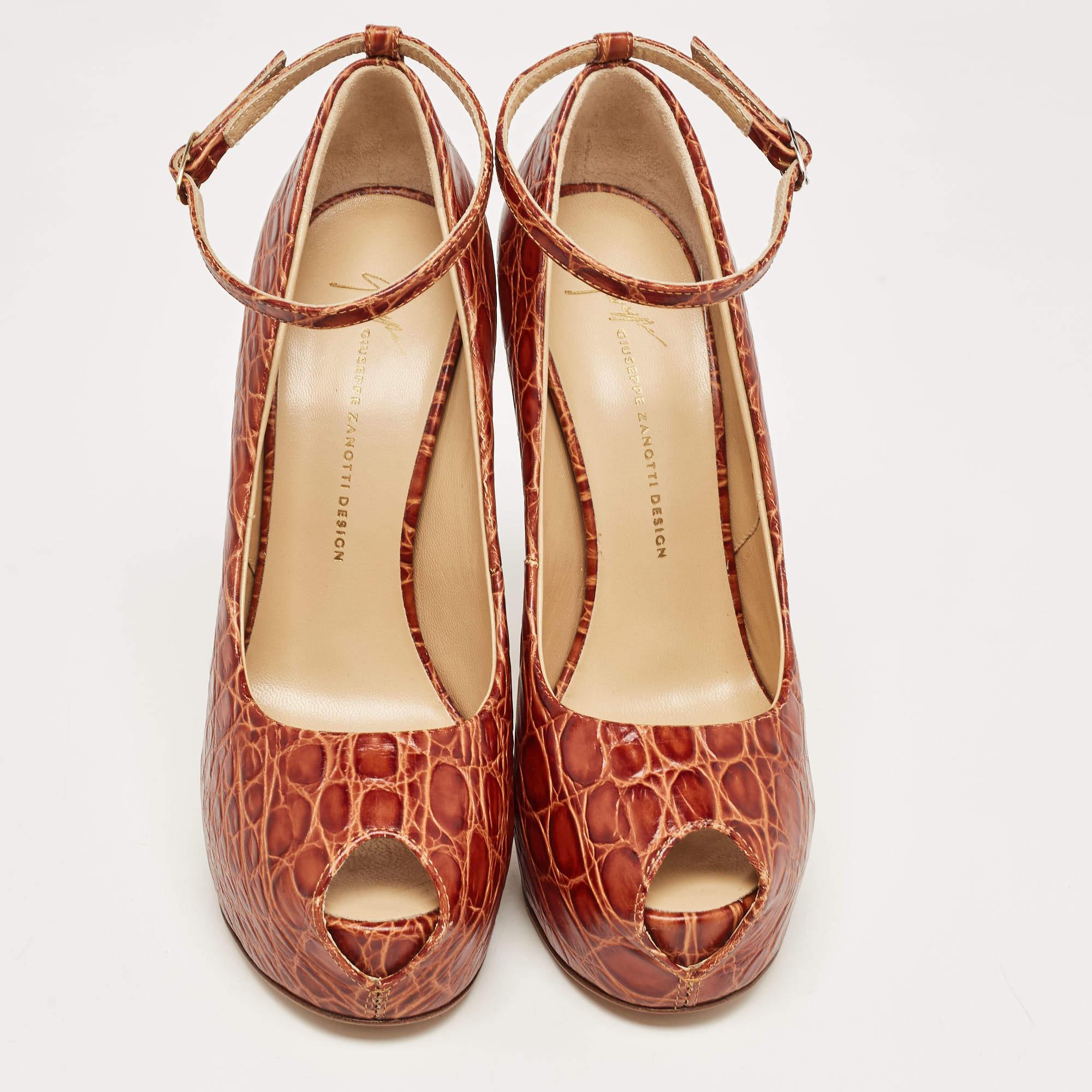 Women's Giuseppe Zanotti Brown Croc Embossed Leather Peep Toe Platform Pumps Size 38.5 For Sale