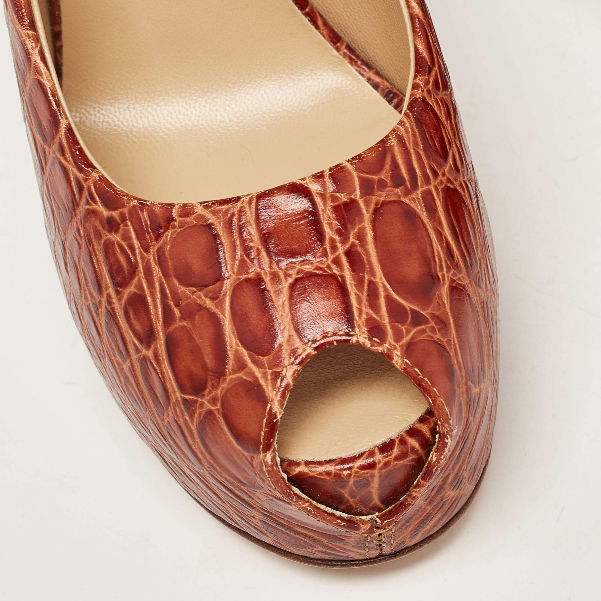 Giuseppe Zanotti Brown Croc Embossed Leather Peep Toe Platform Pumps Size 38.5 For Sale 4
