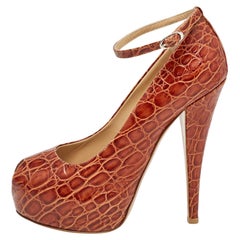 Giuseppe Zanotti, pelle marrone goffrata, Peep Toe Platform Pumps Taglia 38.5