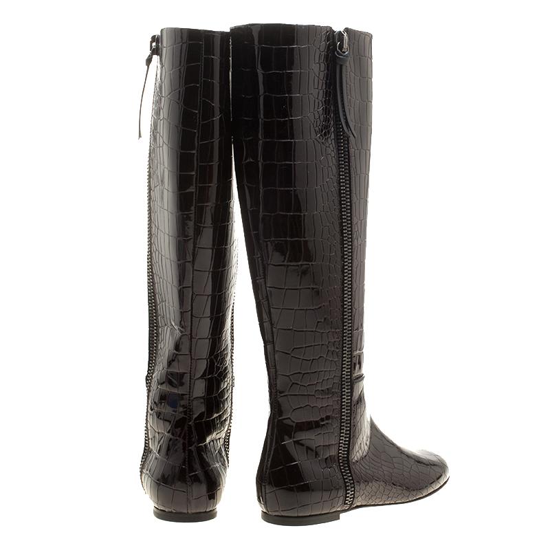 Black Giuseppe Zanotti Brown Croc Embossed Patent Ringotto Over the Knee Boots Size 36