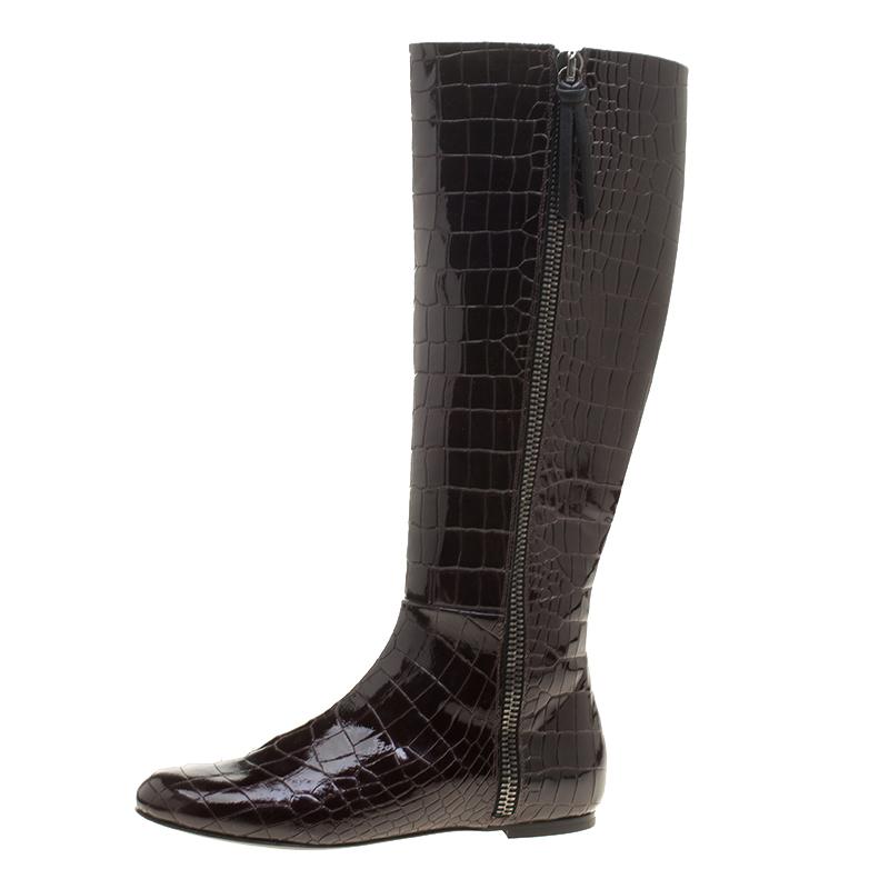 Women's Giuseppe Zanotti Brown Croc Embossed Patent Ringotto Over the Knee Boots Size 36