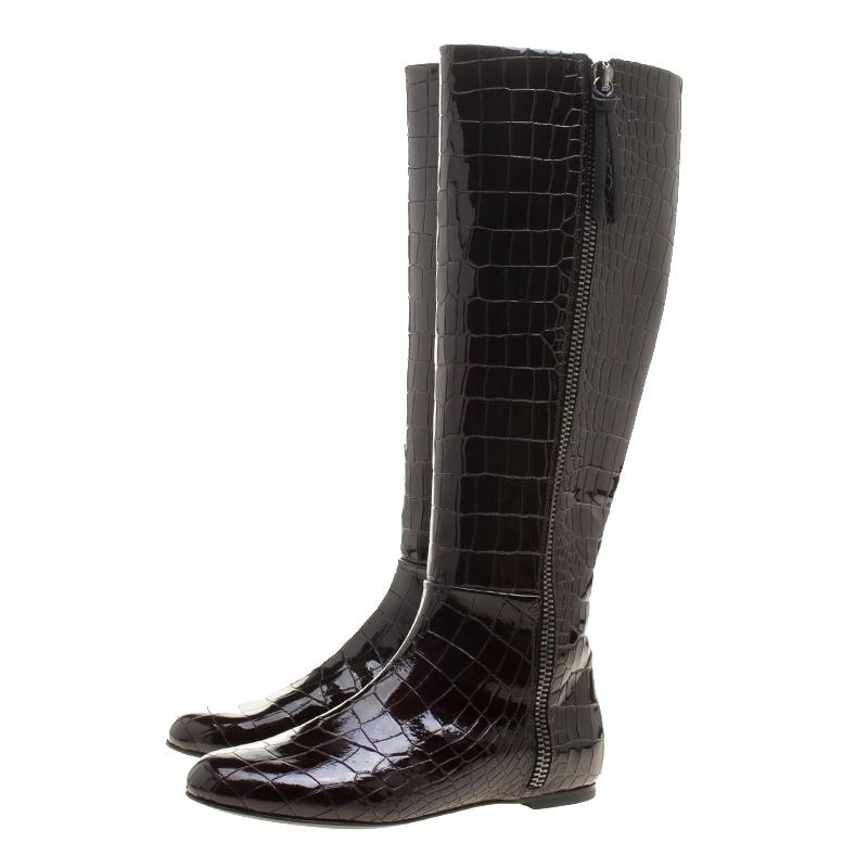 Giuseppe Zanotti Brown Croc Embossed Patent Ringotto Over the Knee Boots Size 36 1