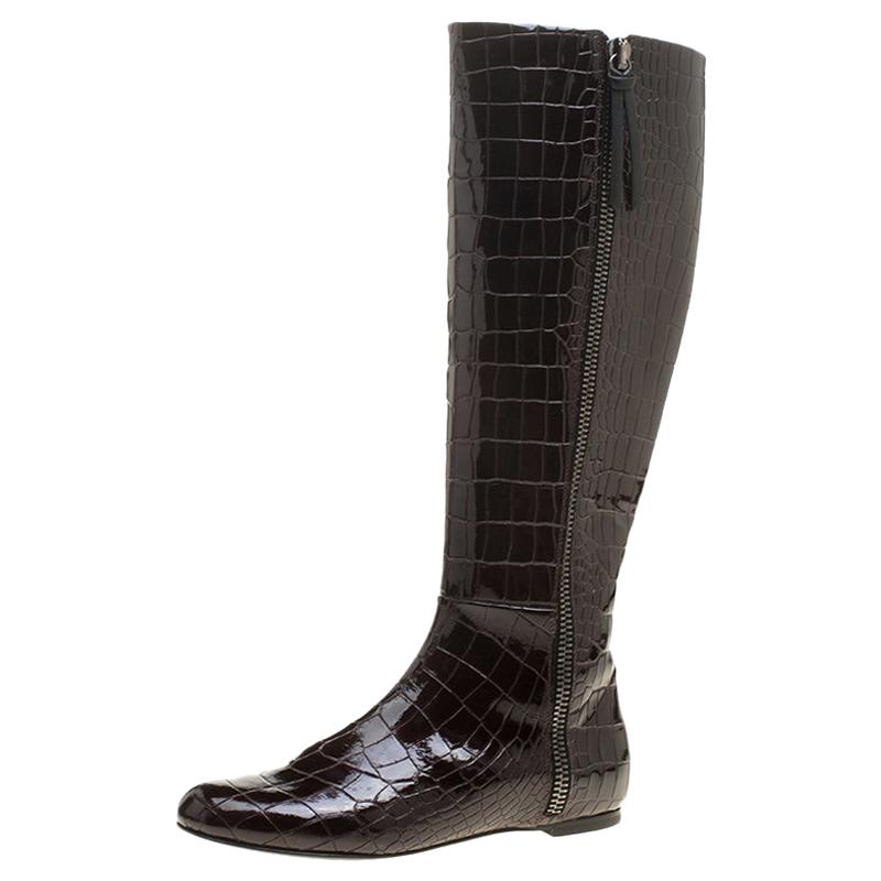 Giuseppe Zanotti Brown Croc Embossed Patent Ringotto Over the Knee Boots Size 36