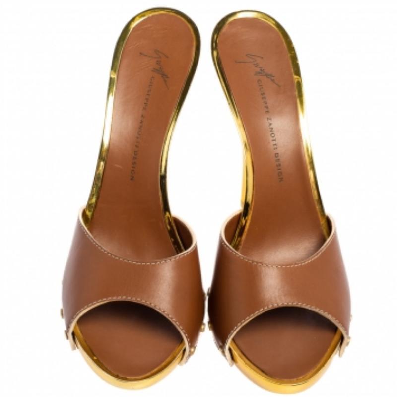 Giuseppe Zanotti - Chaussures à glissière en cuir marron/or, taille 41 en vente 2