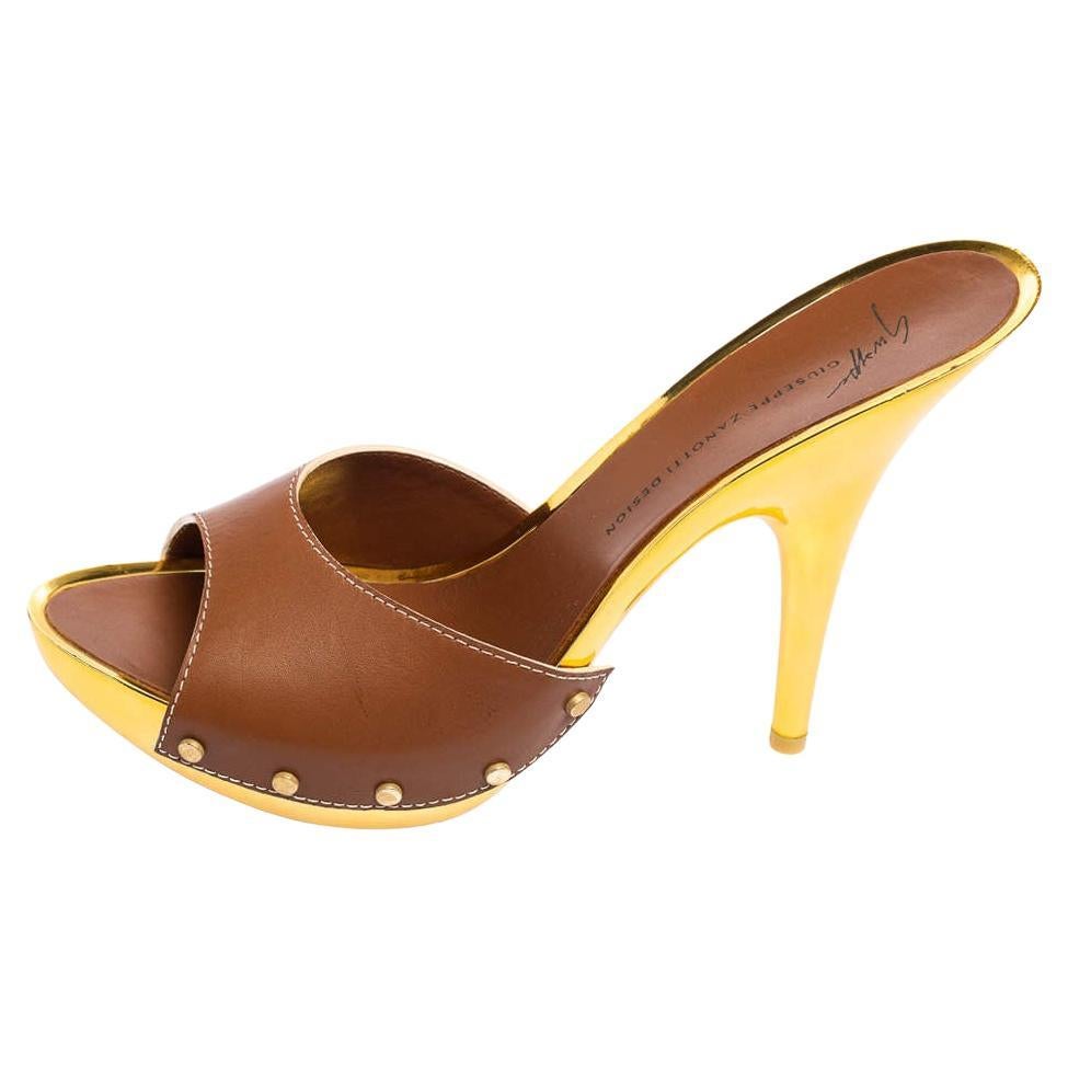 Giuseppe Zanotti Brown/Gold Leather Slide Clogs Size 41 For Sale