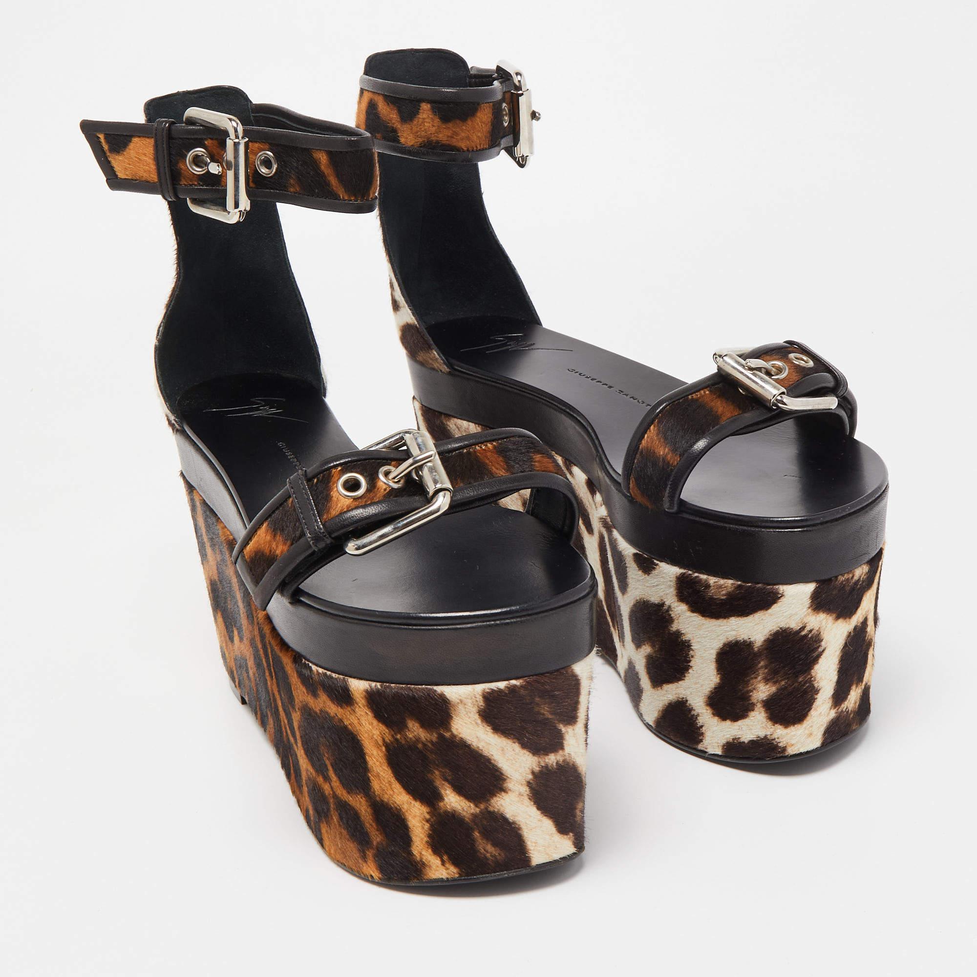 Black Giuseppe Zanotti Brown Leather and Calf Hair Leopard Ankle Strap Platform Sandal