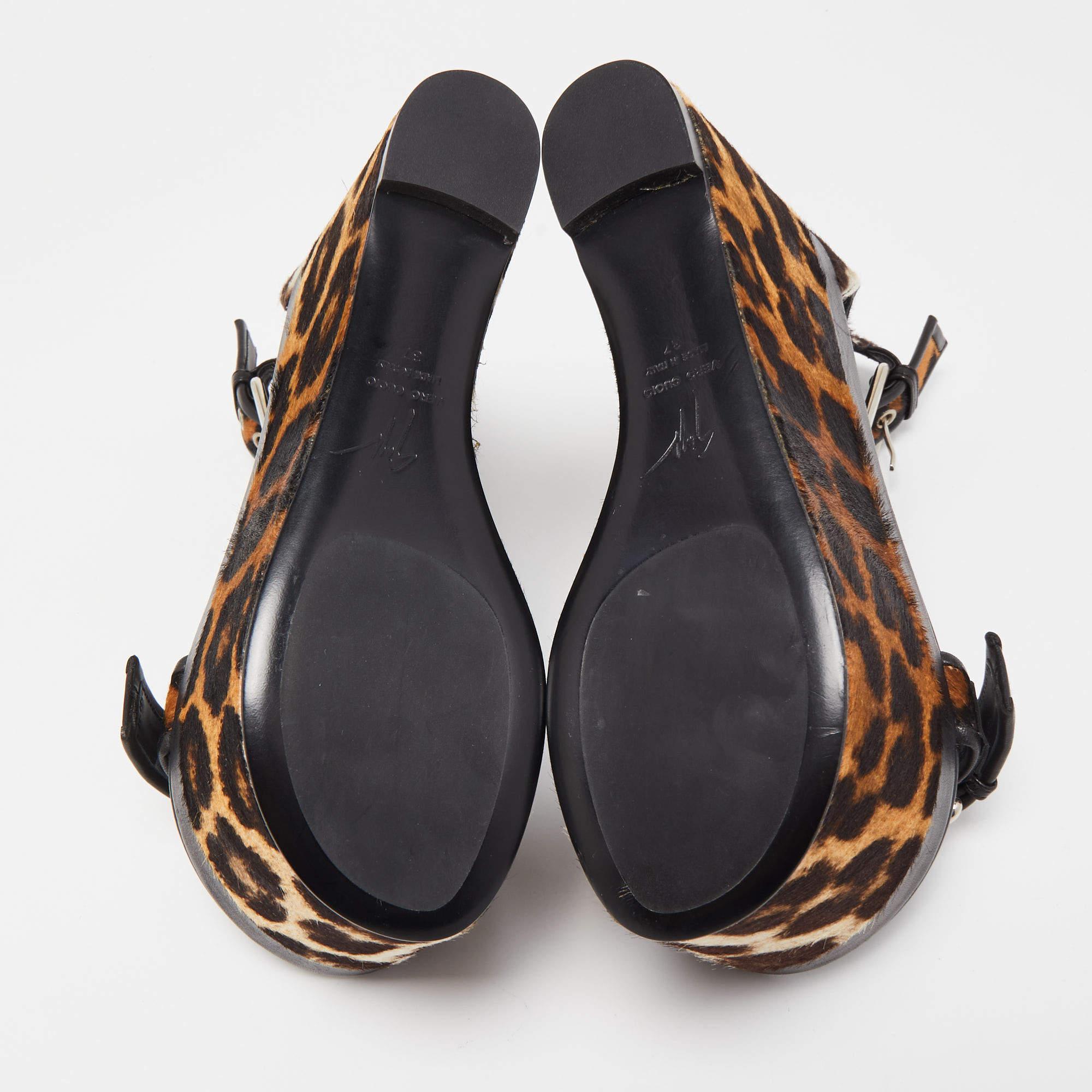 Giuseppe Zanotti Brown Leather and Calf Hair Leopard Ankle Strap Platform Sandal 1