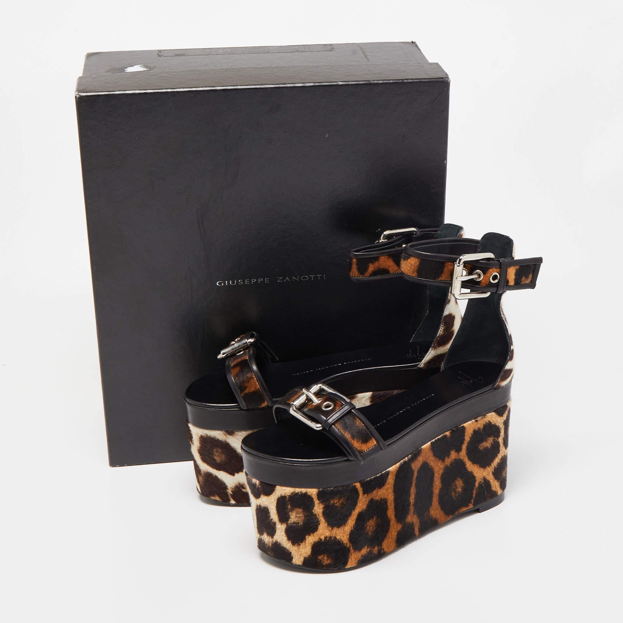 Giuseppe Zanotti Brown Leather and Calf Hair Leopard Ankle Strap Platform Sandal For Sale 3