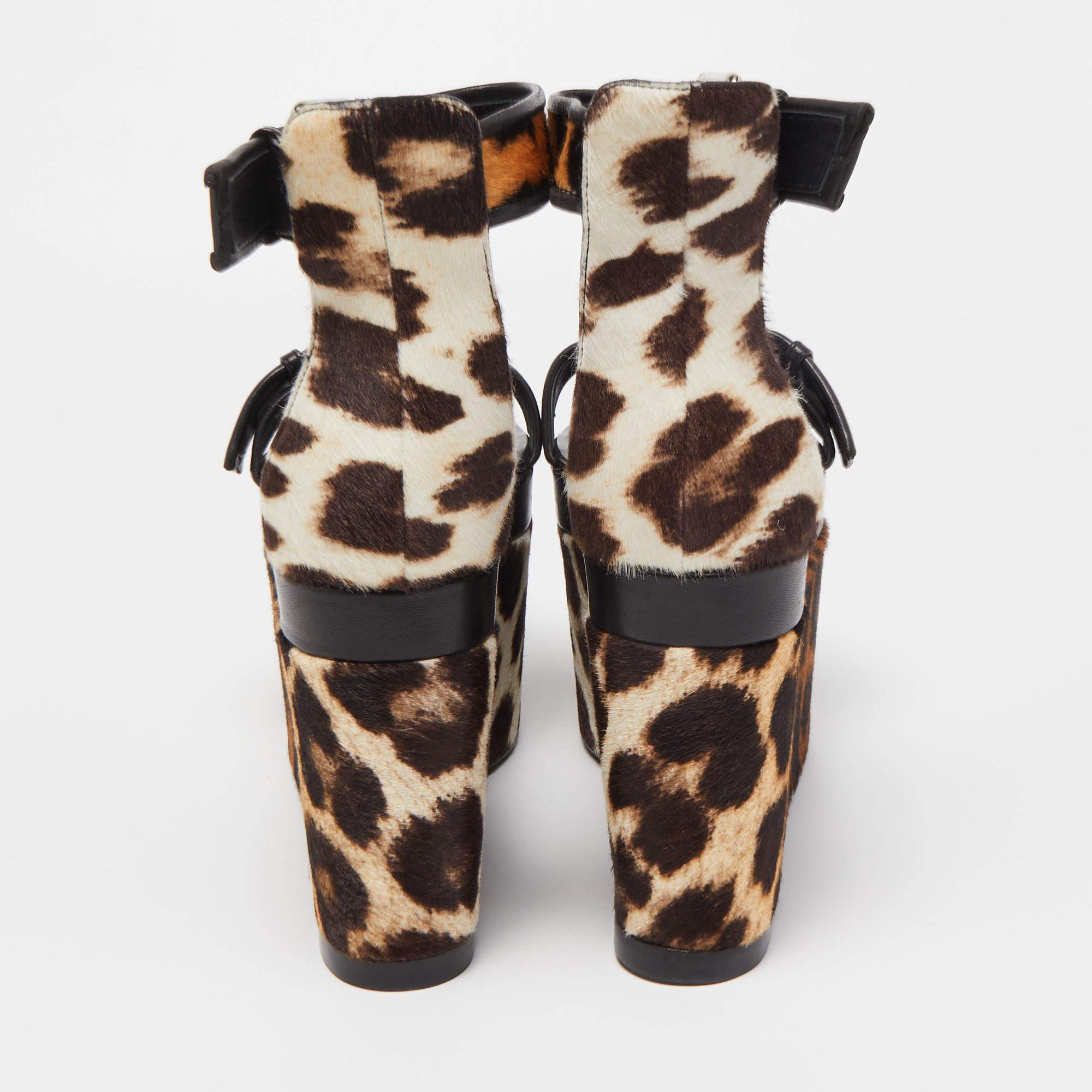 Giuseppe Zanotti Brown Leather and Calf Hair Leopard Ankle Strap Platform Sandal 3