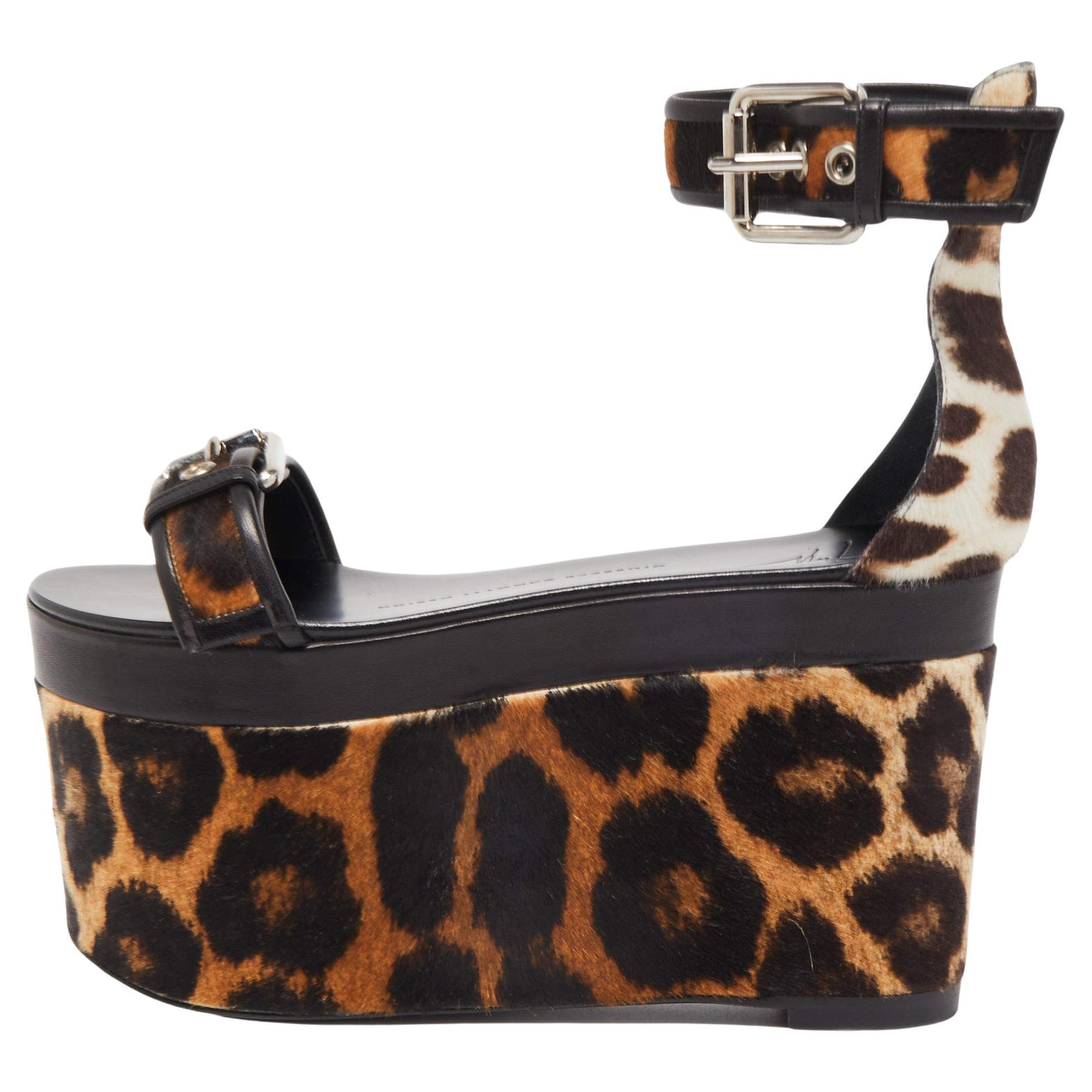 Giuseppe Zanotti Brown Leather and Calf Hair Leopard Ankle Strap Platform Sandal
