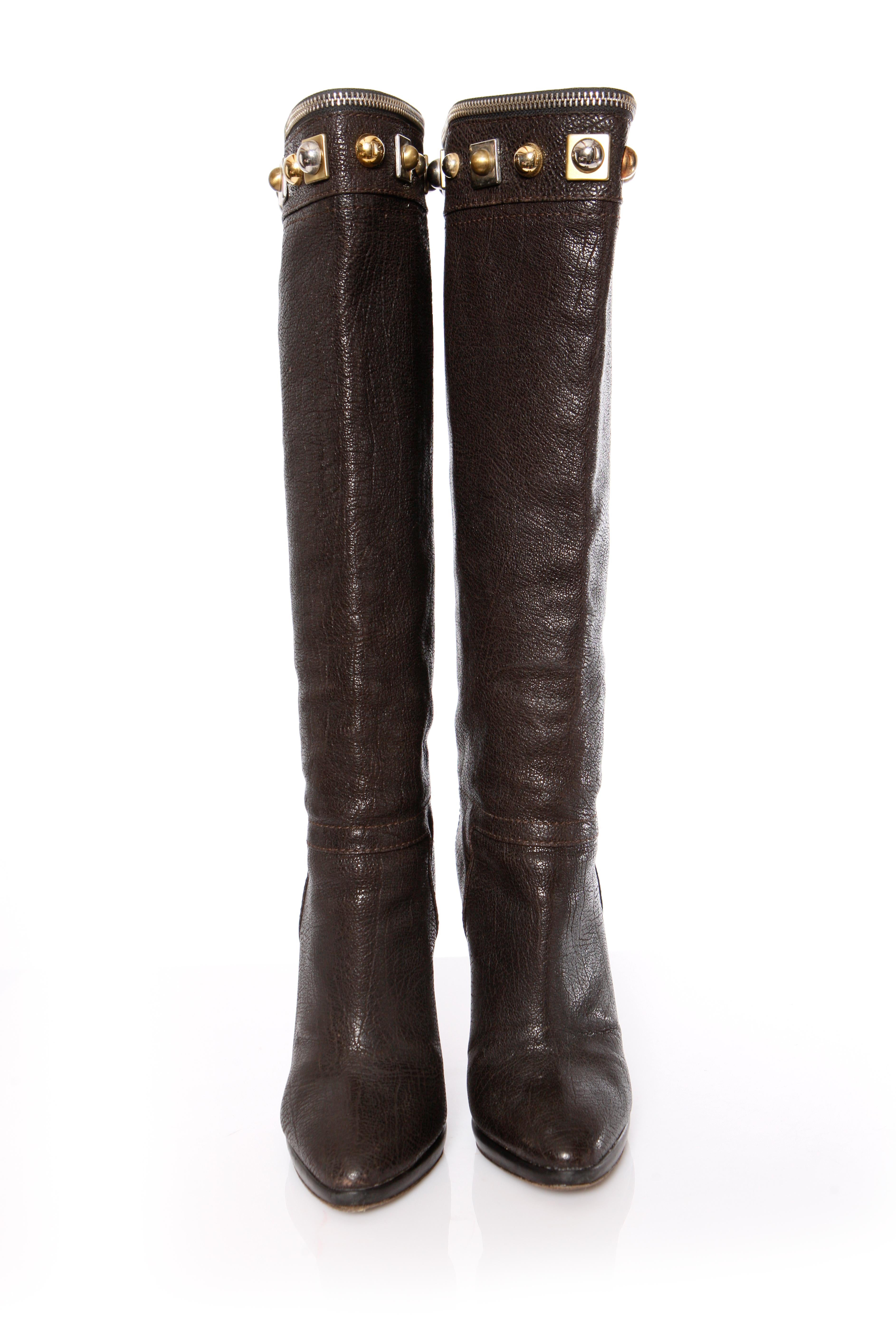 Women's Giuseppe Zanotti, Brown leather boots with studs. For Sale