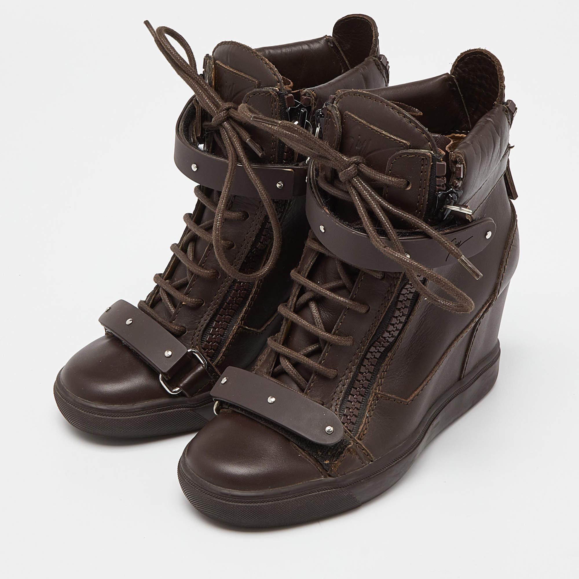 Giuseppe Zanotti Brown Leather Coby Wedge Sneakers Size 36 In Excellent Condition For Sale In Dubai, Al Qouz 2