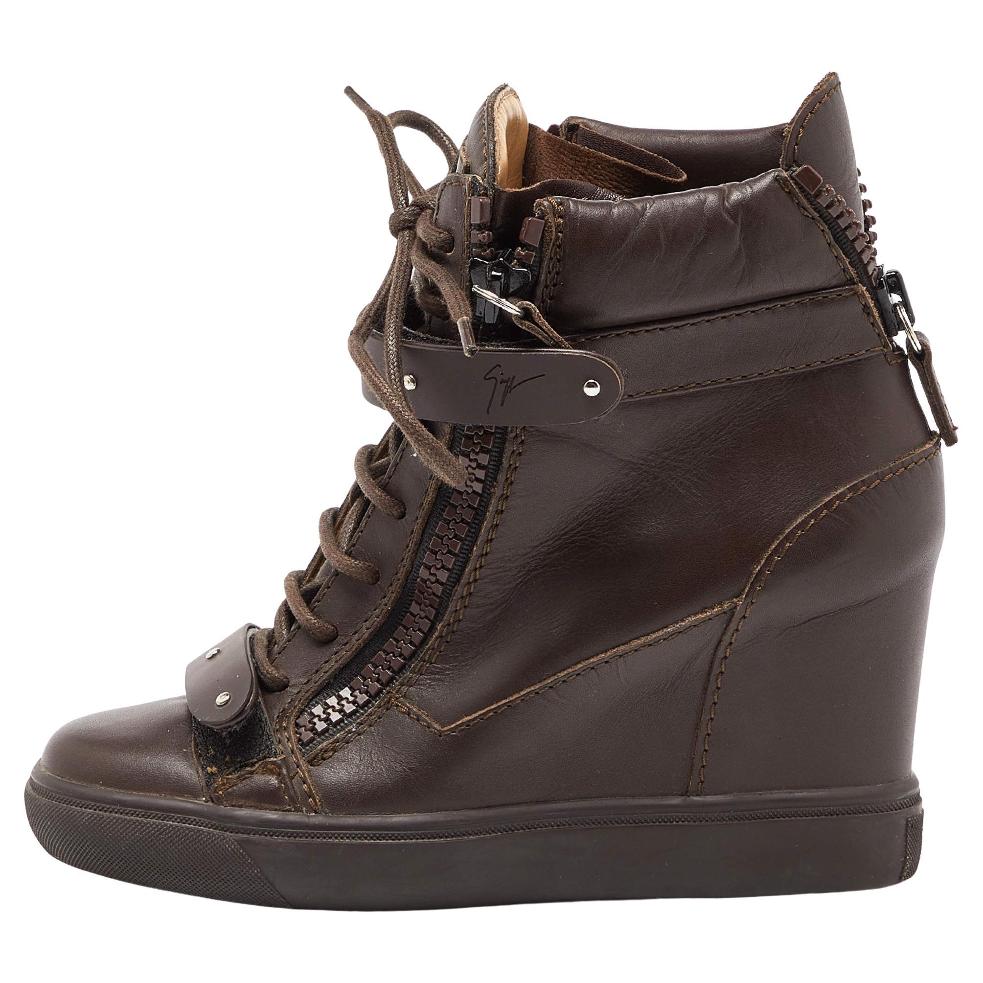 Giuseppe Zanotti Brown Leather Coby Wedge Sneakers Size 36 For Sale