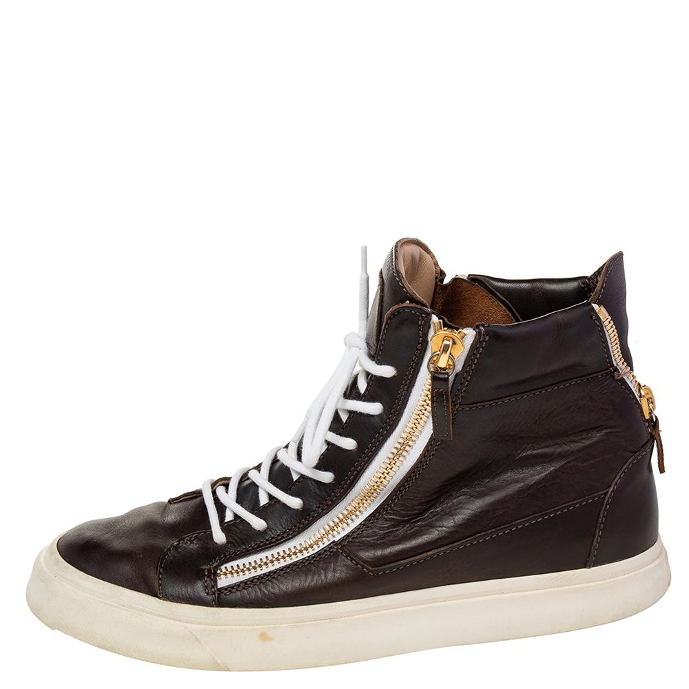 Giuseppe Zanotti Brown Leather Double Zipper High Top Sneakers Size 43.5 In Good Condition In Dubai, Al Qouz 2