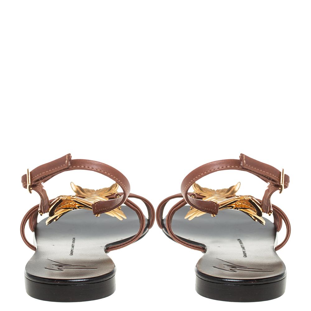 Giuseppe Zanotti Brown Leather Fish Embellished Strap Flats Size 36 In New Condition In Dubai, Al Qouz 2