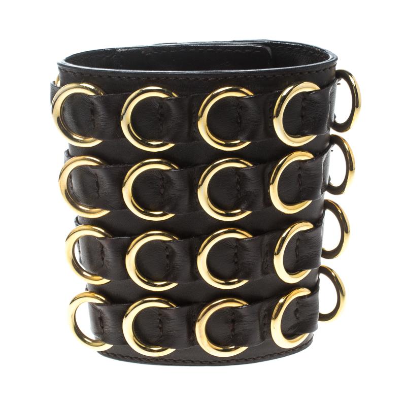 Giuseppe Zanotti Brown Leather Gold Tone Extra Wide Cuff Bracelet