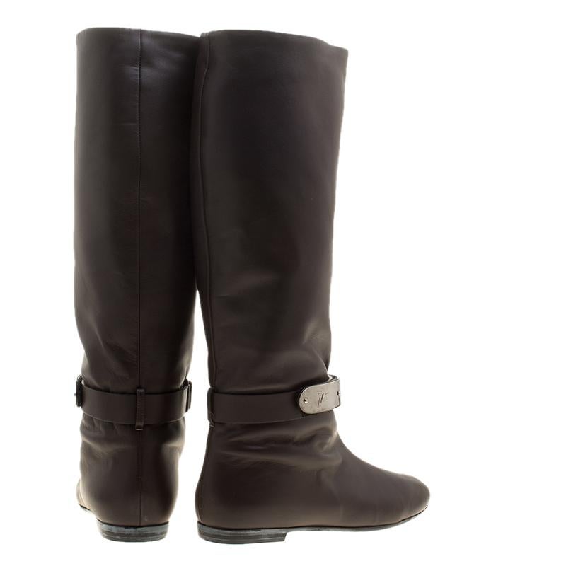 Black Giuseppe Zanotti Brown Leather Logo Plaque Flat Over the Knee Boots Size 38