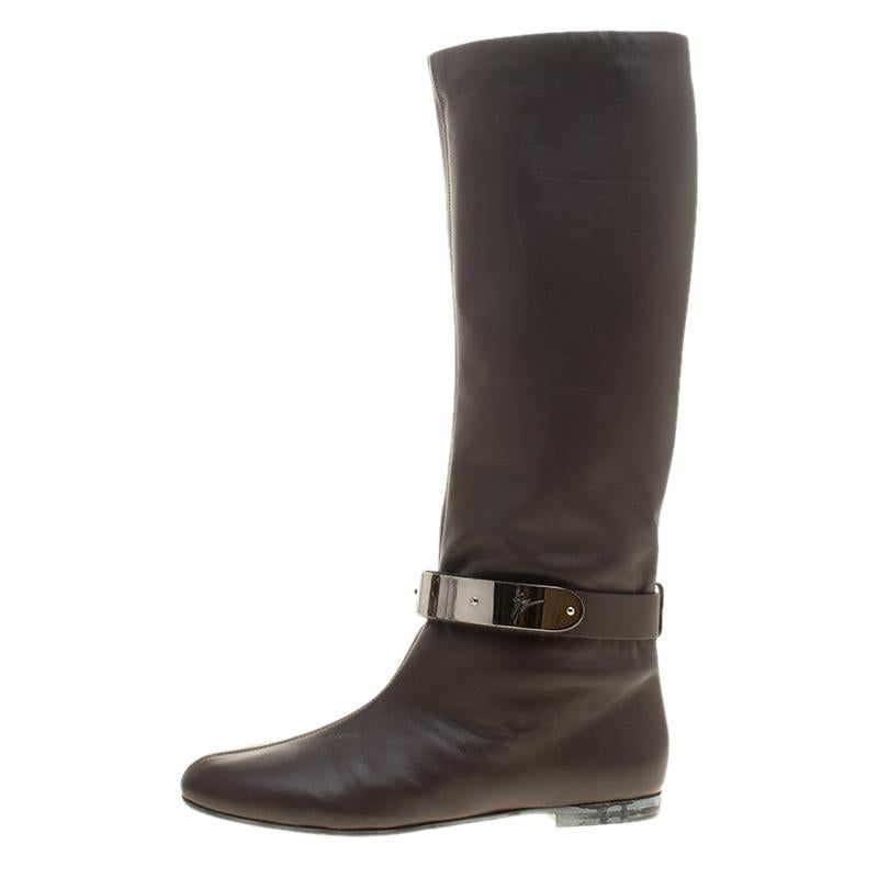 Women's Giuseppe Zanotti Brown Leather Logo Plaque Flat Over the Knee Boots Size 38