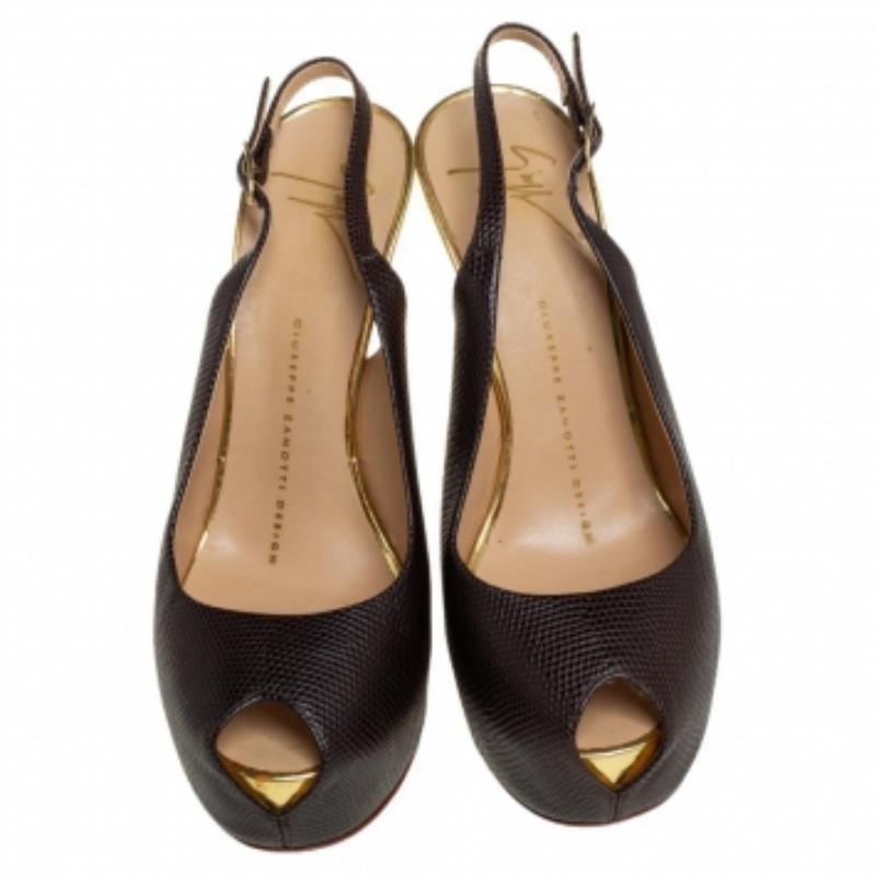Black Giuseppe Zanotti Brown Leather Platform Peep Toe Slingback Sandals Size 36 For Sale