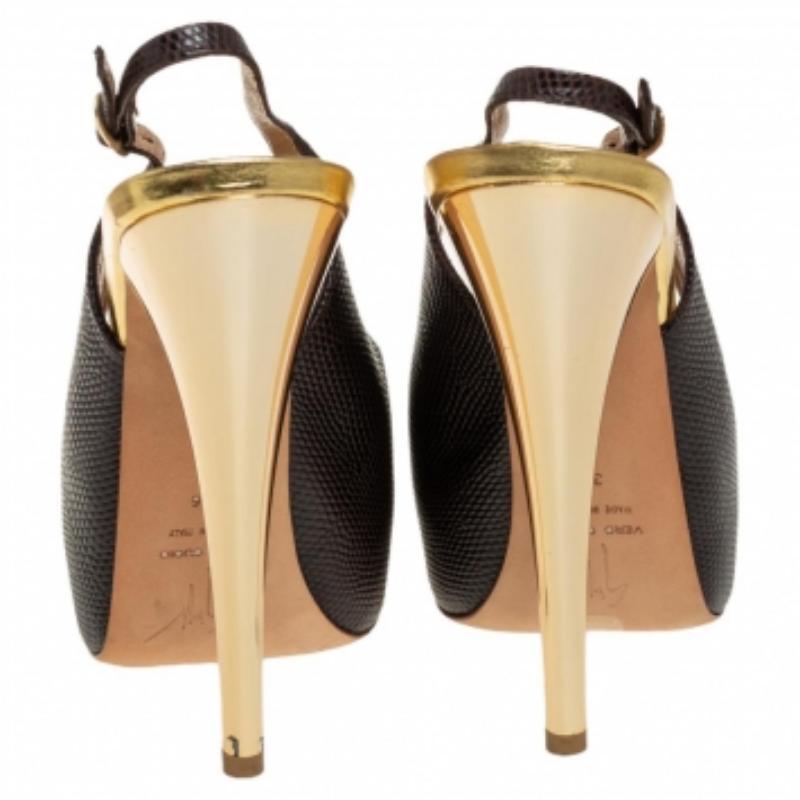Giuseppe Zanotti Brown Leather Platform Peep Toe Slingback Sandals Size 36 In Good Condition For Sale In Dubai, Al Qouz 2