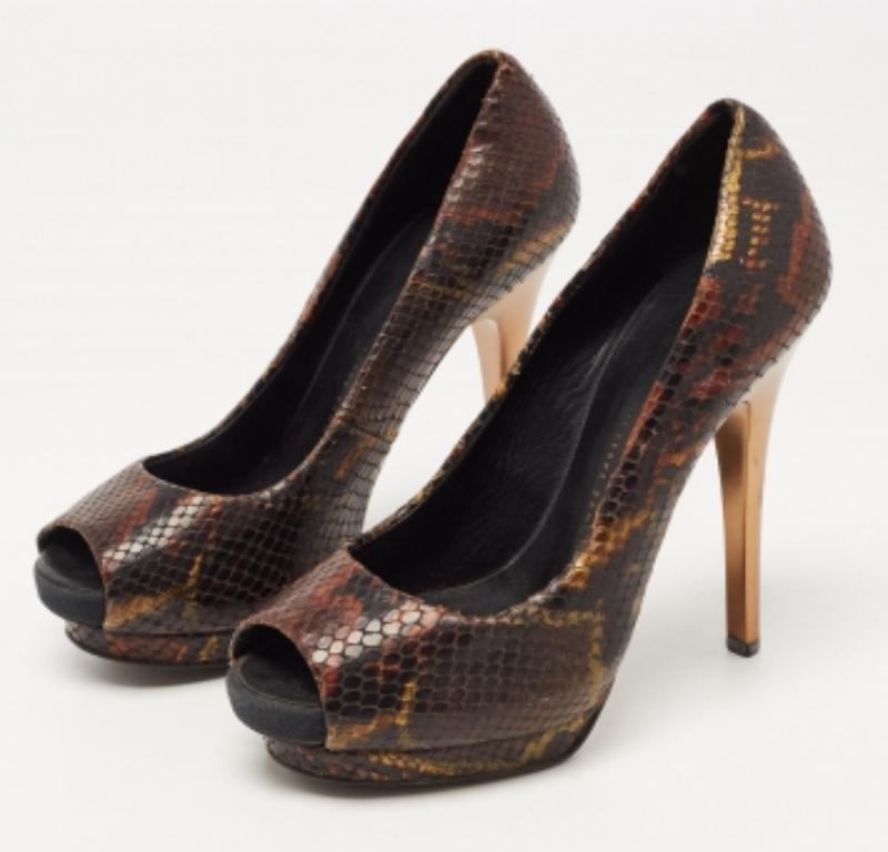 Giuseppe Zanotti Pumps in pelle marrone goffrata con pitone taglia 35 in vendita 3