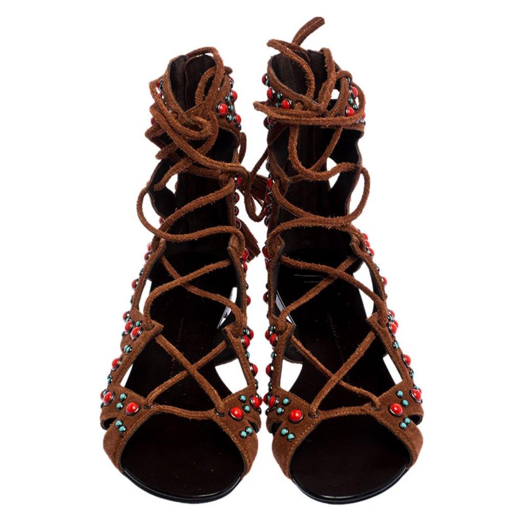 Black Giuseppe Zanotti Brown Studded Suede Gladiator Flat Sandals Size 38