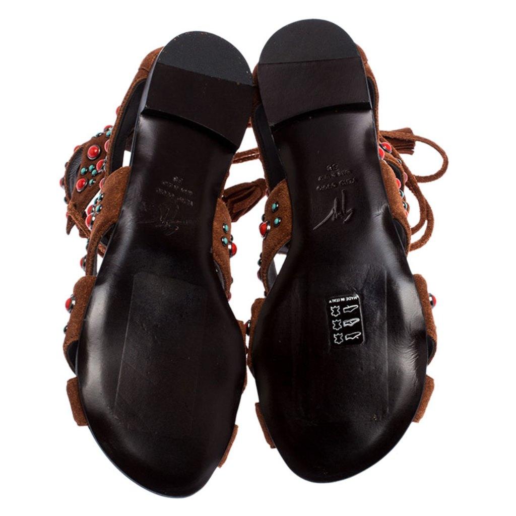 Giuseppe Zanotti Brown Studded Suede Gladiator Flat Sandals Size 38 1