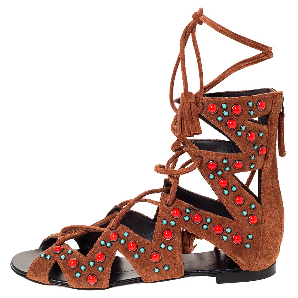 Women's Giuseppe Zanotti Brown Studded Suede Gladiator Tassel Lace Flat Sandals Size 37