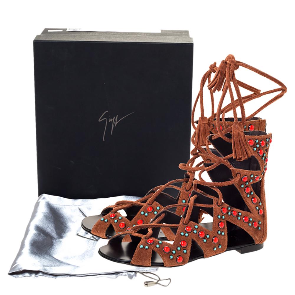 Giuseppe Zanotti Brown Studded Suede Gladiator Tassel Lace Flat Sandals Size 37 3