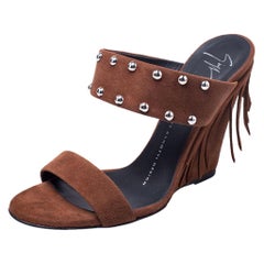 Giuseppe Zanotti Brown Studded Suede Taline Fringed Wedge Sandals Size 36