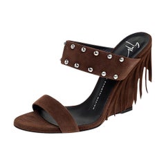 Giuseppe Zanotti Brown Studded Suede Taline Fringed Wedge Sandals Size 39