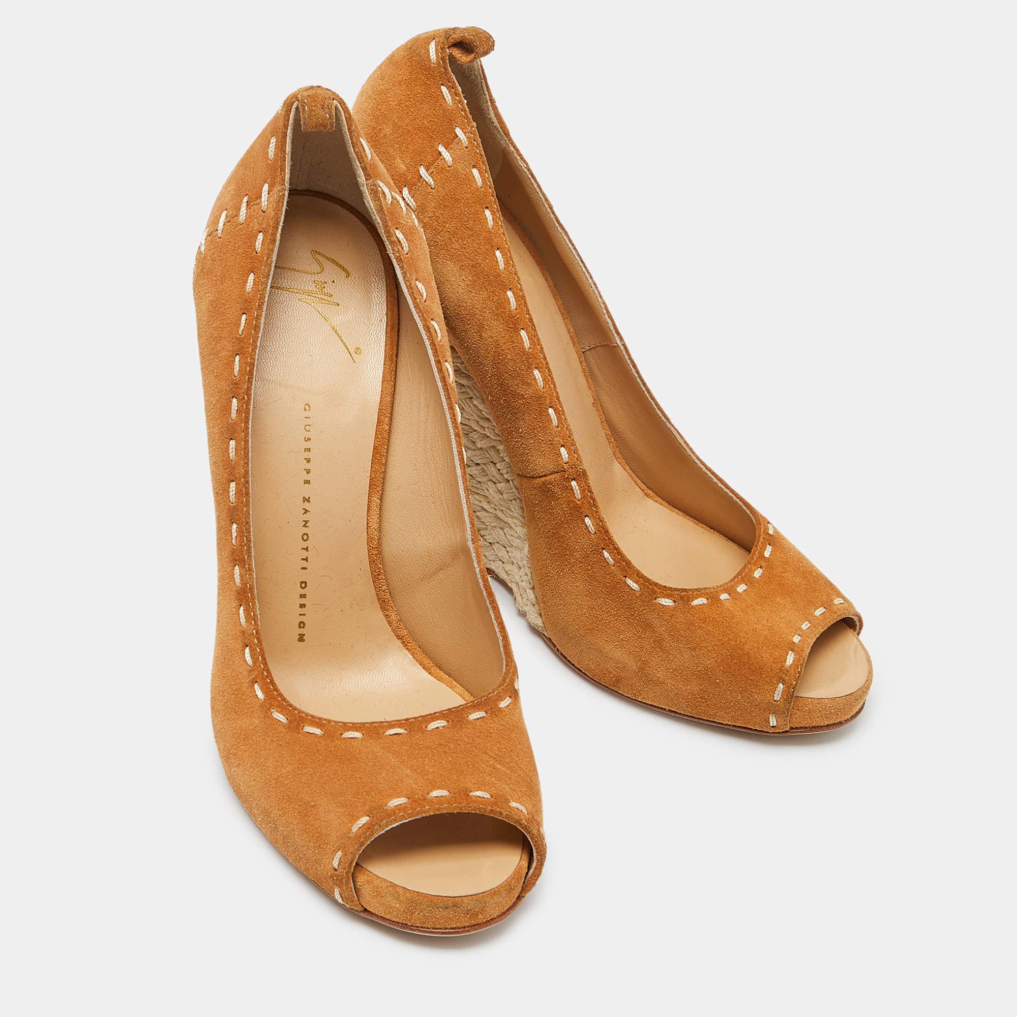 Women's Giuseppe Zanotti Brown Suede Espadrille Wedge Ankle Strap Peep Toe Pumps Size 39 For Sale