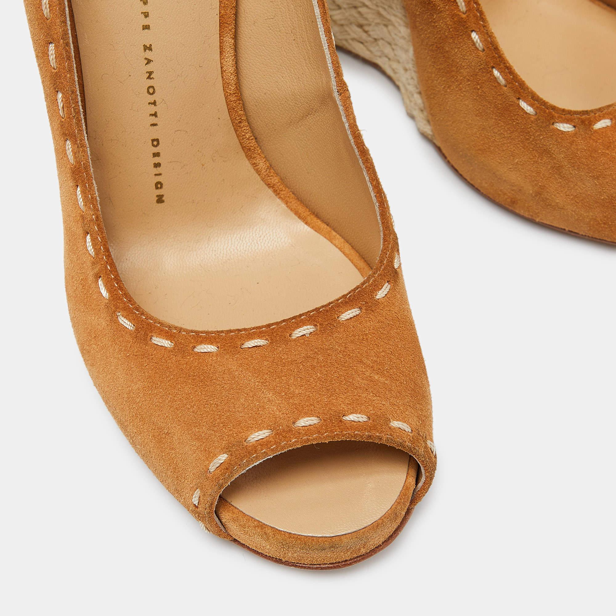 Giuseppe Zanotti Brown Suede Espadrille Wedge Ankle Strap Peep Toe Pumps Size 39 For Sale 4