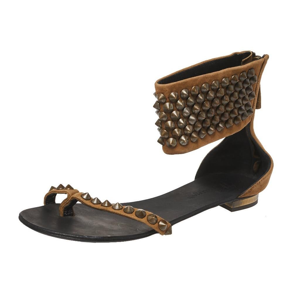 Giuseppe Zanotti Brown Suede Leather Studded Toe Ring Sandals Size 38.5 For Sale