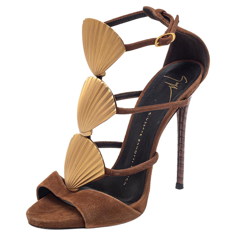 Giuseppe Zanotti Brown Suede Seashell Embellished Ankle Strap Sandals Size 36