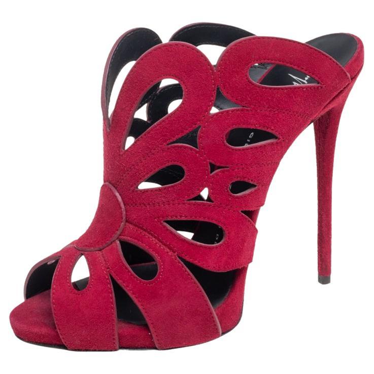 Giuseppe Zanotti Burgundy Cutout Suede Peep Toe Mules Size 37