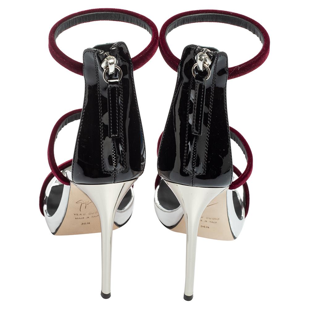 Women's Giuseppe Zanotti Burgundy Patent Leather and Velvet Harmony Ankle-Strap Sandals 