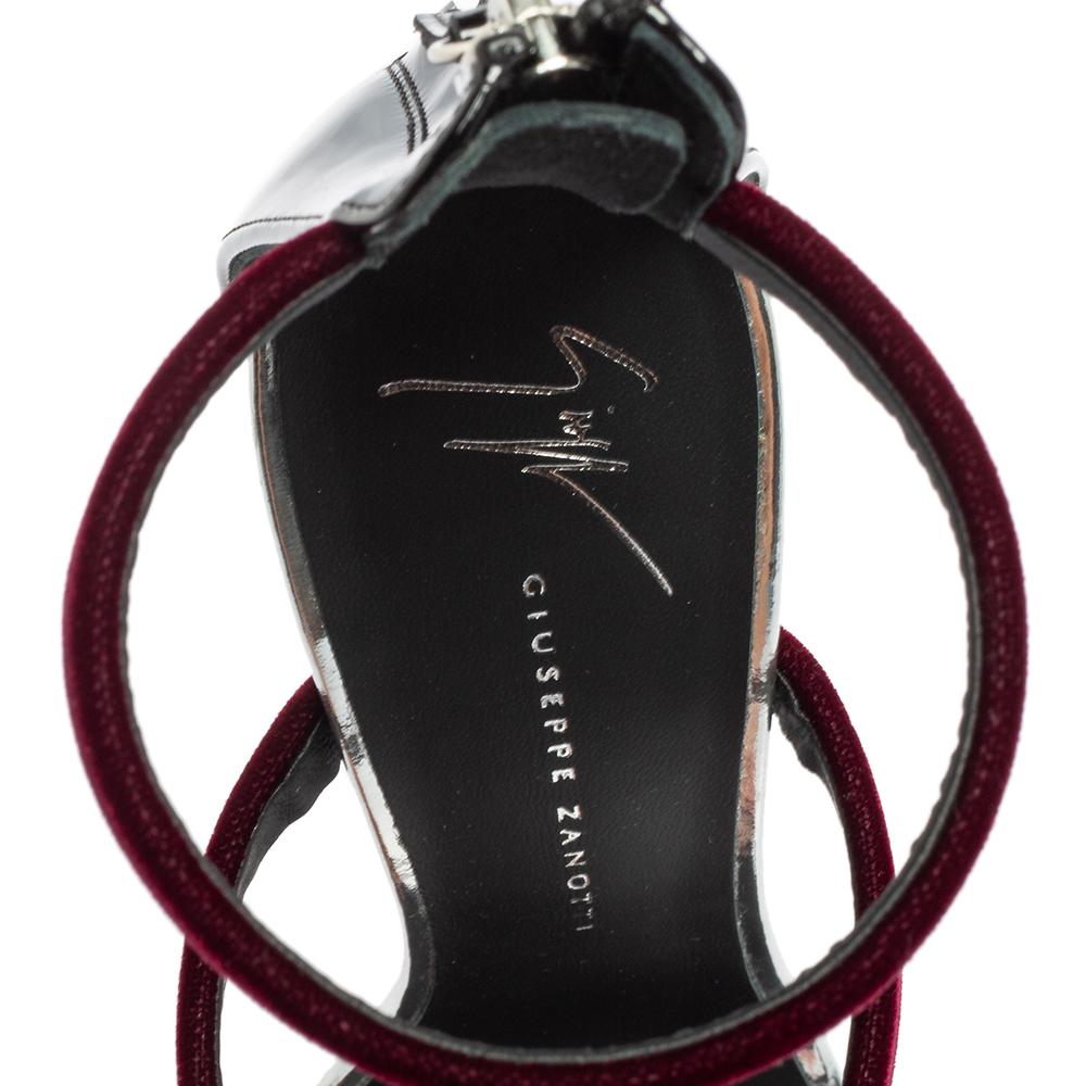 Giuseppe Zanotti Burgundy Patent Leather and Velvet Harmony Ankle-Strap Sandals  1
