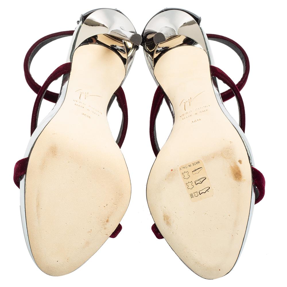 Giuseppe Zanotti Burgundy Patent Leather and Velvet Harmony Ankle-Strap Sandals  2