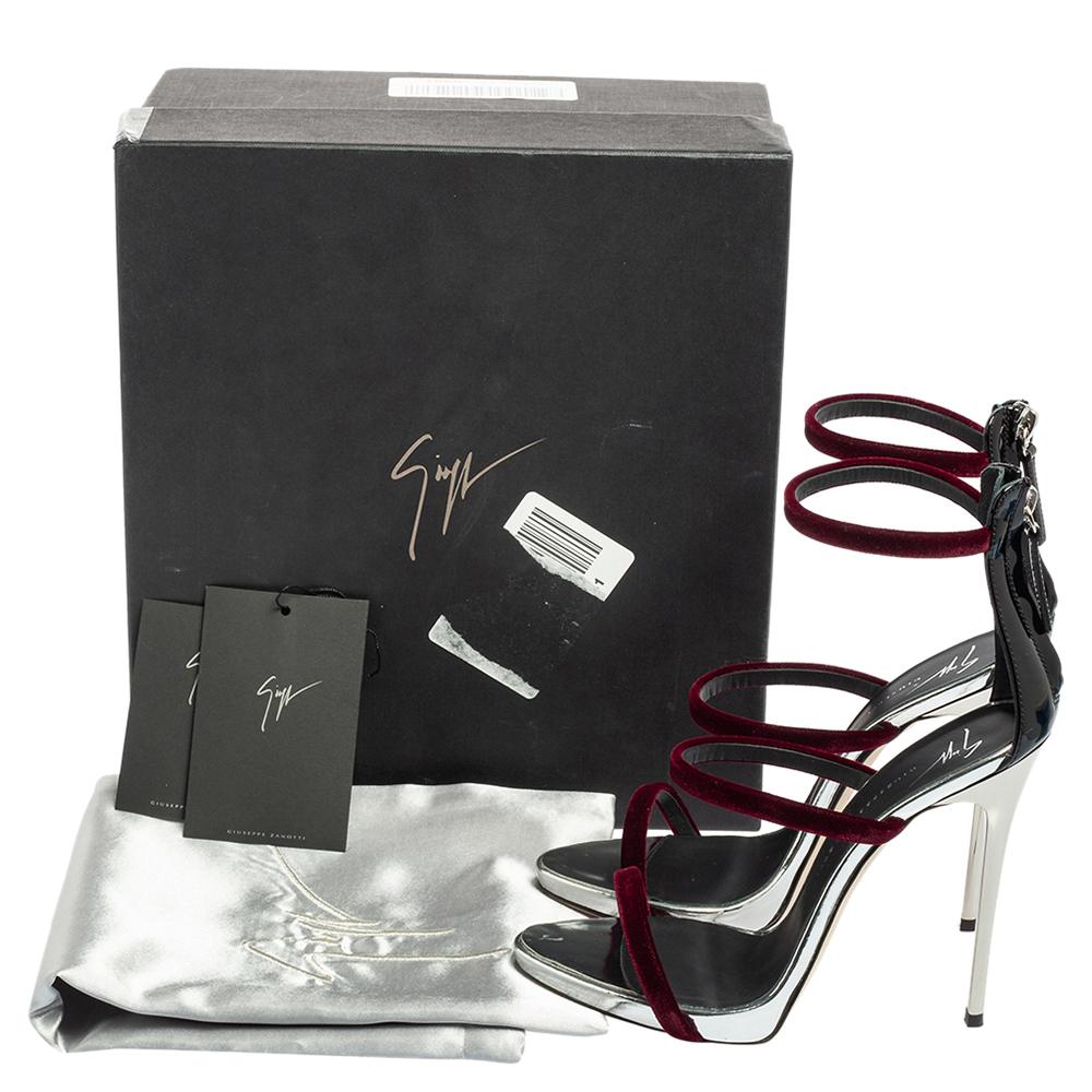 Giuseppe Zanotti Burgundy Patent Leather and Velvet Harmony Ankle-Strap Sandals  3
