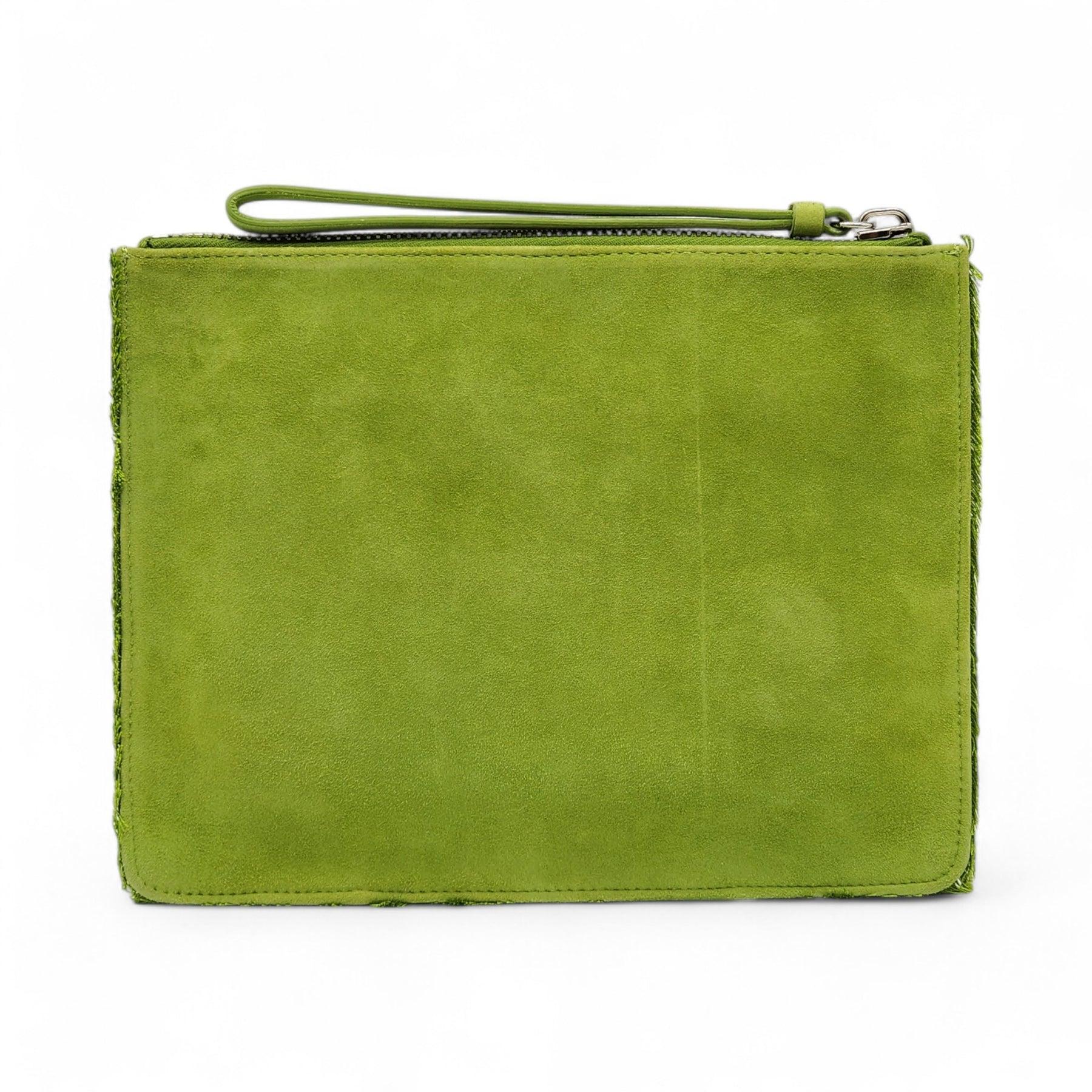 Giuseppe Zanotti Clutch Bag Suede in Green.

Additional information:
Material: Suede leather
Metal signature detail on the front. 
Leather wrist strap. 
Zippered top closure
Silver metal hardware
Leather lining with small pocket
Color: