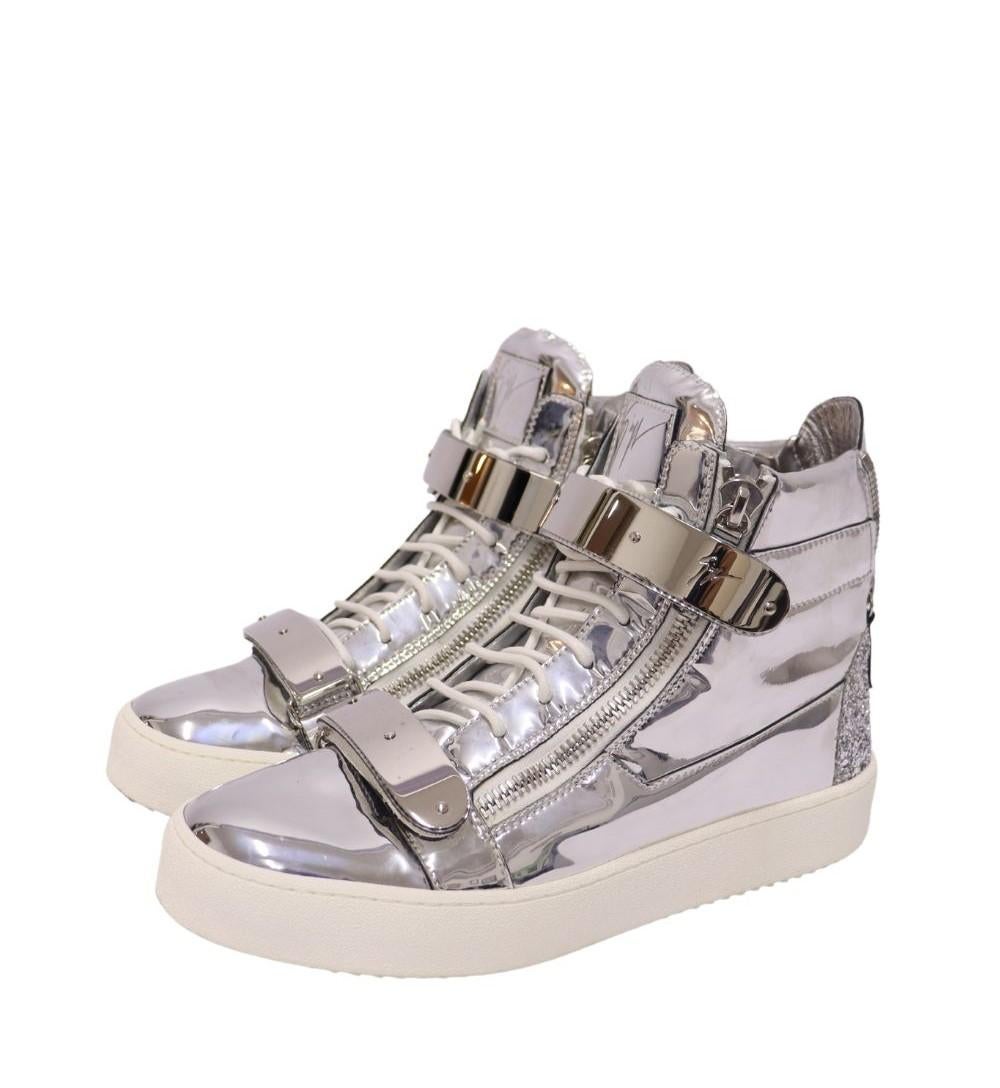 Giuseppe Zanotti Coby Metallic High-top Sneakers, Features round toe shape, high top, double velcro straps, and lace up style.

Material: Metallic Silver Mirrored Leather
Size: EU 42
Overall Condition: Excellent
Interior Condition: Signs of