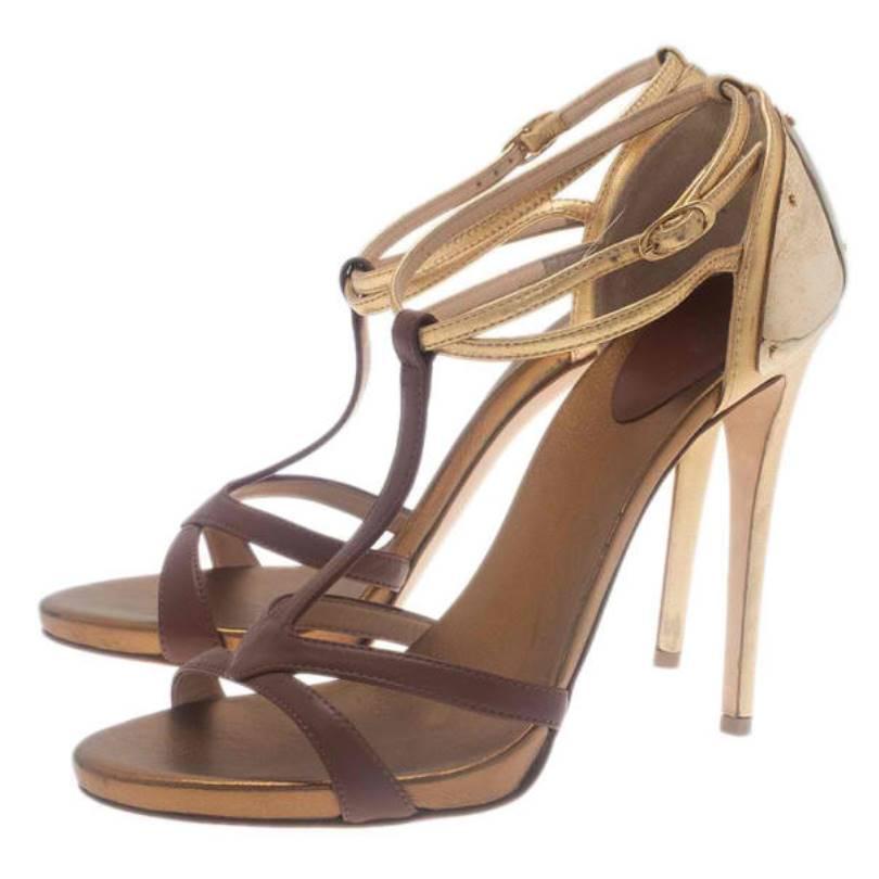 Giuseppe Zanotti Cognac & Gold Leather Metal Plated T-Strap Sandals Size 38.5 4