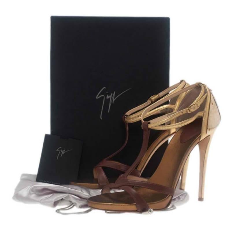 Giuseppe Zanotti Cognac & Gold Leather Metal Plated T-Strap Sandals Size 38.5 6