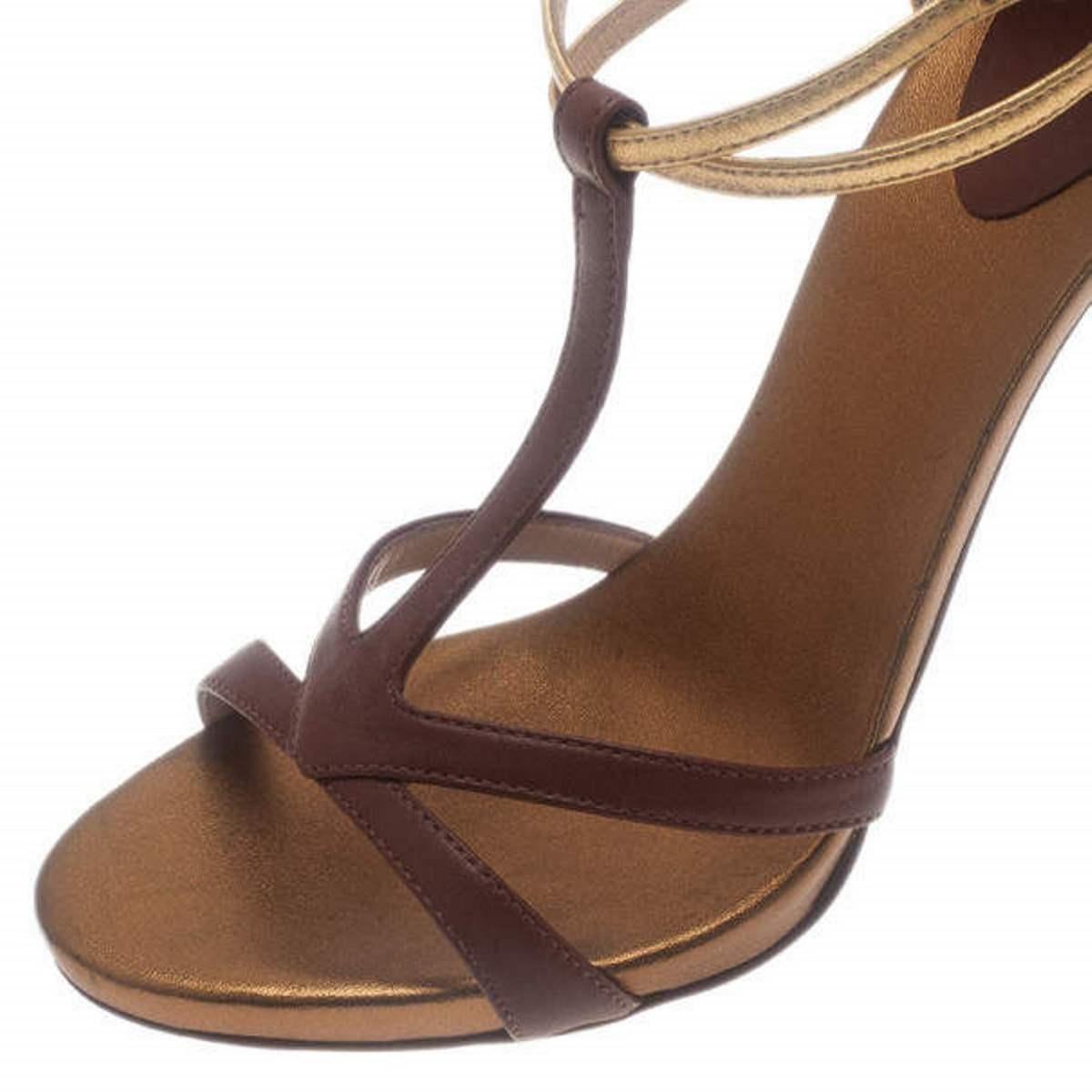  Giuseppe Zanotti Cognac & Gold Leather Metal Plated T-Strap Sandals Size 38.5 Pour femmes 