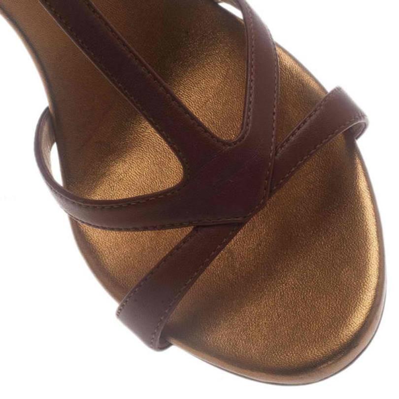 Women's Giuseppe Zanotti Cognac & Gold Leather Metal Plated T-Strap Sandals Size 38.5