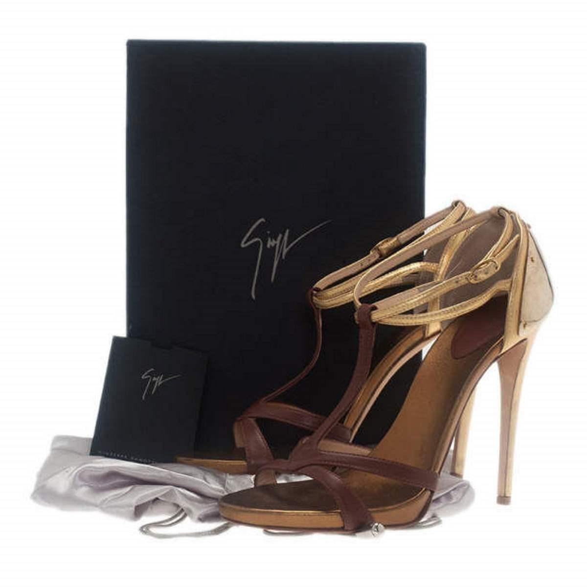 Giuseppe Zanotti Cognac & Gold Leather Metal Plated T-Strap Sandals Size 38.5 For Sale 5